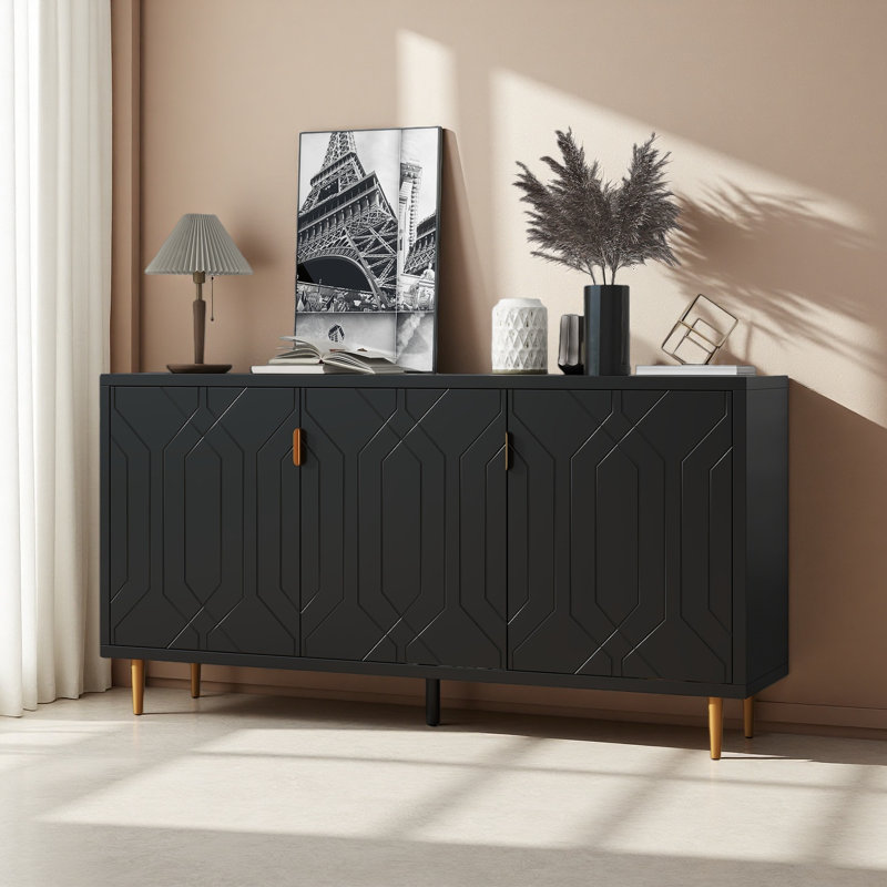 Modern TV Stand With 3 Doors And Adjustable Shelves For Living Room, Black