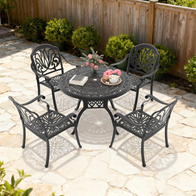 Ensemble de salle à manger d'extérieur rond en aluminium moulé de 5 pièces (100 cm) avec trou pour parasol, 4 chaises empilables avec coussins bruns