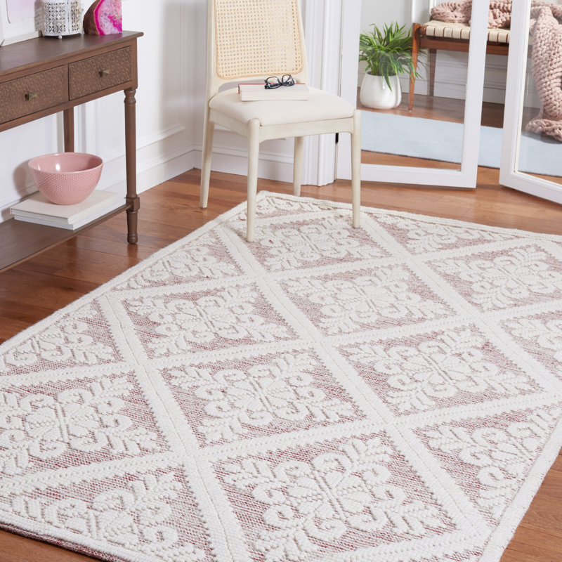 Tapis ivoire / rouge en laine tissé à la main Damask, Rectangle 8 pi x 10 pi