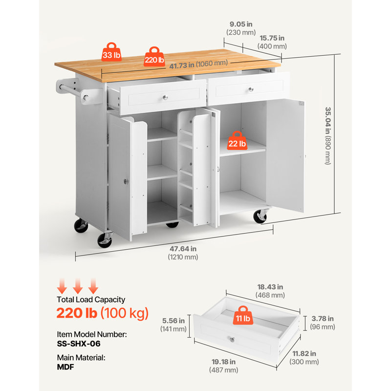 Kitchen Island Cart with Storage, 47.64 in Wide Mobile Rolling Storage Island on Swivel Wheels, Featuring 2 Drawers, Storage Cabinet, Drop Leaf, Towel Rack, Table for Home Dining Room, White