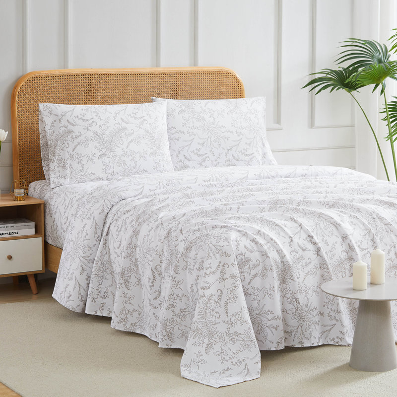 Winter Brush Floral Microfiber Sheet Set Easy Care and Wrinkle Resistant, White/Black Flowers, Twin