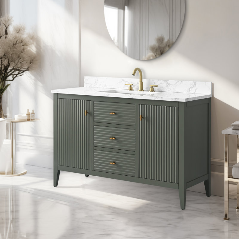 Ensemble de meuble-lavabo autoportant à simple cuve 48 po avec plateau en marbre Lavallon, Linéaire vert rétro, Doré brossé