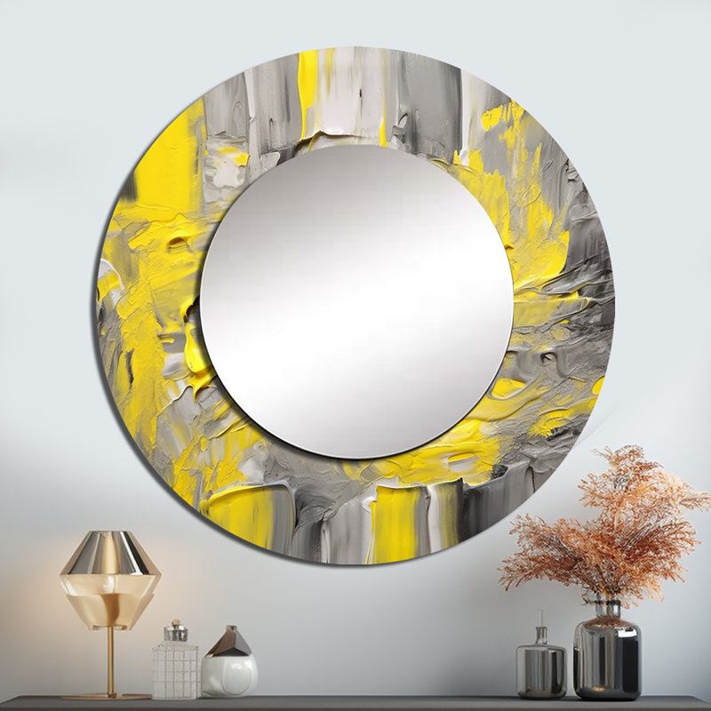 Décoration murale moutarde jaune et gris vif IV - miroir rond abstrait, 29 po x 29 po