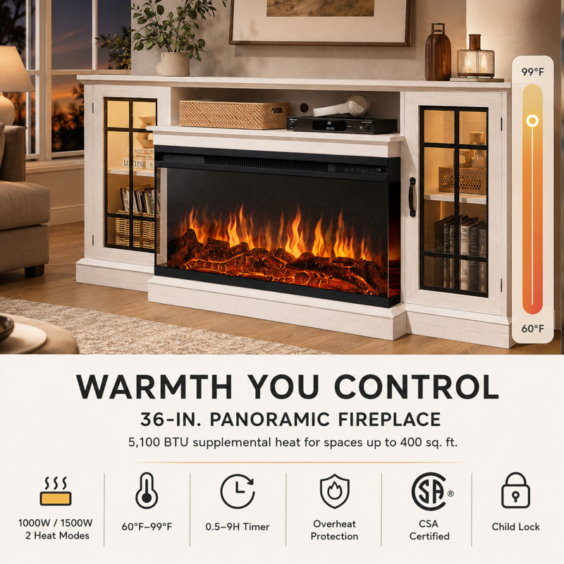 Fellsburg TV Stand with 36" Electric Fireplace and Glass Cabinet, 31.4”H x 13.8”L x 70”W, White
