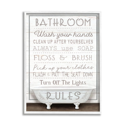 Stupell Industries Rustic Bathroom Rules Tub By Elizabeth Tyndall Single Picture Frame Print On Canvas In Coastal White Framed Giclee