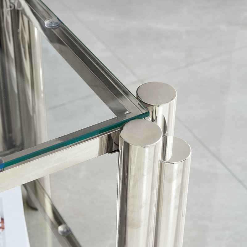 Table de bout carrée 20 pouces, moderne en acier inoxydable avec verre trempé transparent double couche et rangement