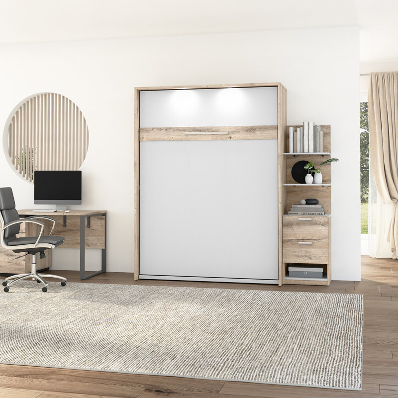 Lit escamotable avec rangement et table de chevet Osterman, Grand, Brun rustique / Blanc