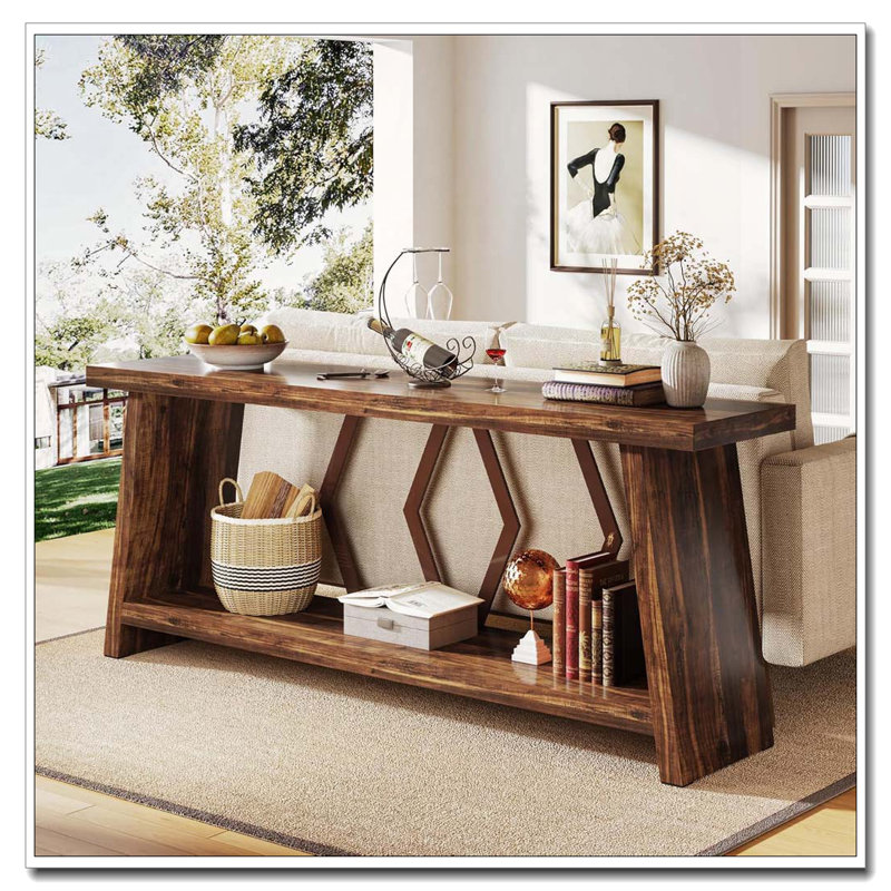Farmhouse Two-Tier Console Table with Industrial Accent Storage Shelves
