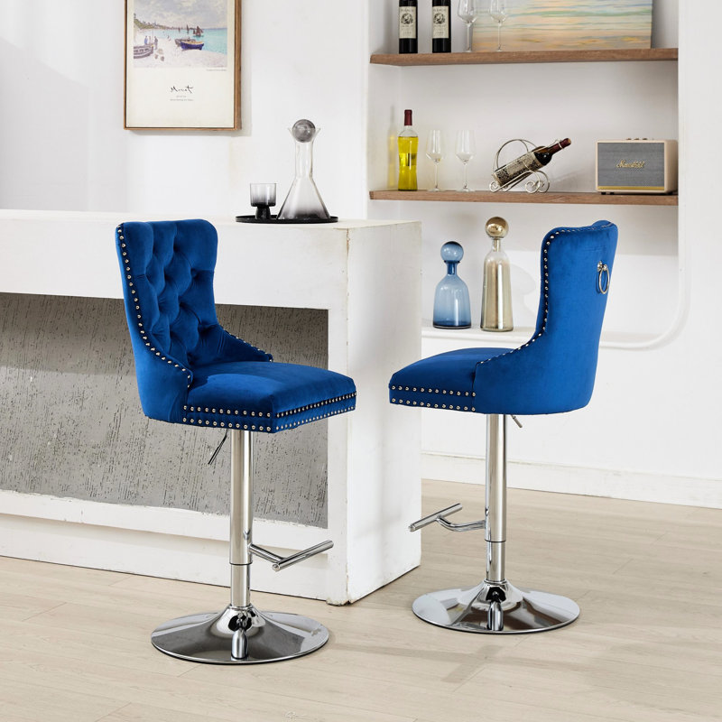 Thick Swivel Blue Velvet , 25 - 33" Adjustable Height, Of 2, Sponge & Spring Seat, Buttons For Home And Pub With 17.7" Base, Diamond Kitchen Island