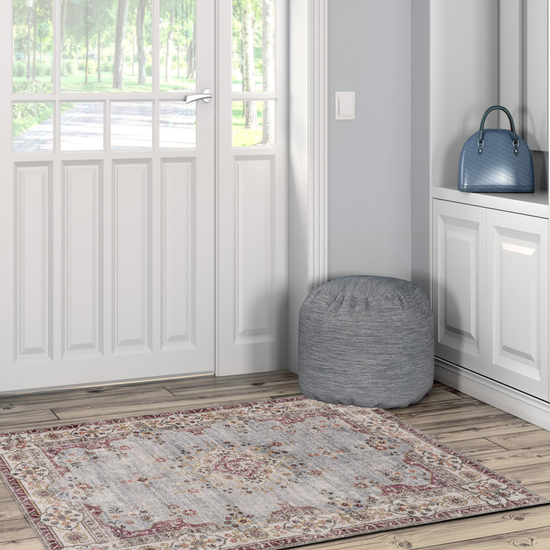 Delacroy Machine Washable Pale Blue and Ivory Area Rug, Rectangle 3' x 5'