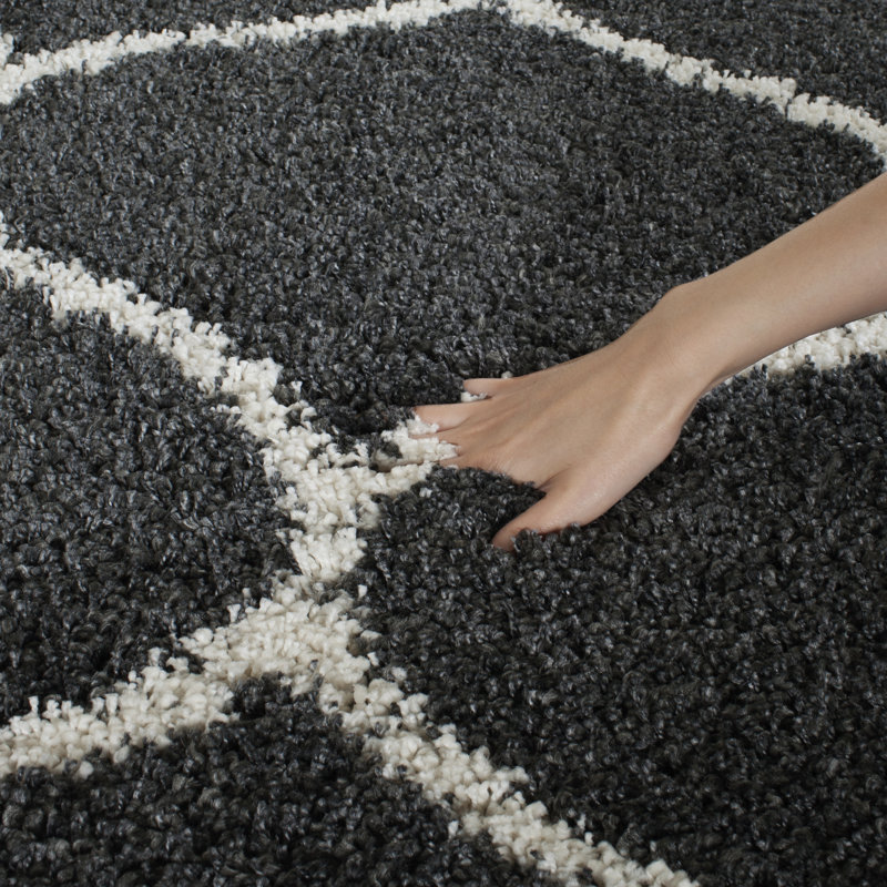 Darrold Hudson Shag Performance Geometric Rug, Round 9', Dark Gray/Ivory
