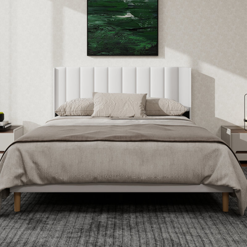 Structure de lit plateforme tapissier avec oreilles, Blanc, Grand lit