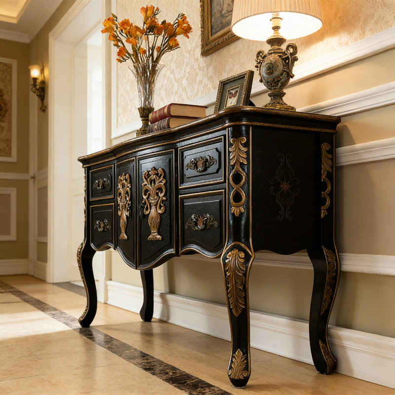 American-style multi-functional entrance cabinet, 35.03" H x 47.24" W x 17.51" D, Black/Gold