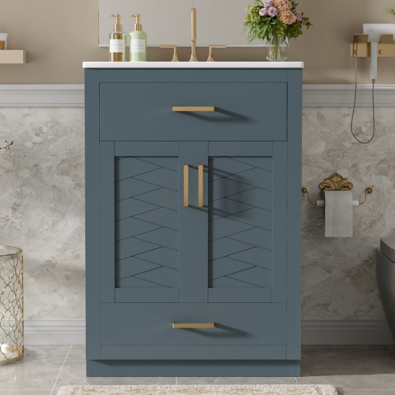 Meuble-lavabo 24 po avec lavabo en céramique intégré, armoire de salle de bain avec 2 portes, 1 tiroir basculant et meuble-lavabo simple pour salle de bain de petite et moyenne taille