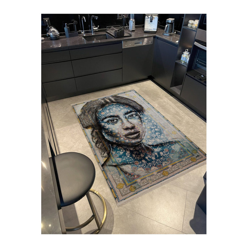 Tapis bleu abstrait lavable à la machine, Sous-tapis rectangulaire 4 pi 7 po x 6 pi 7 po inc