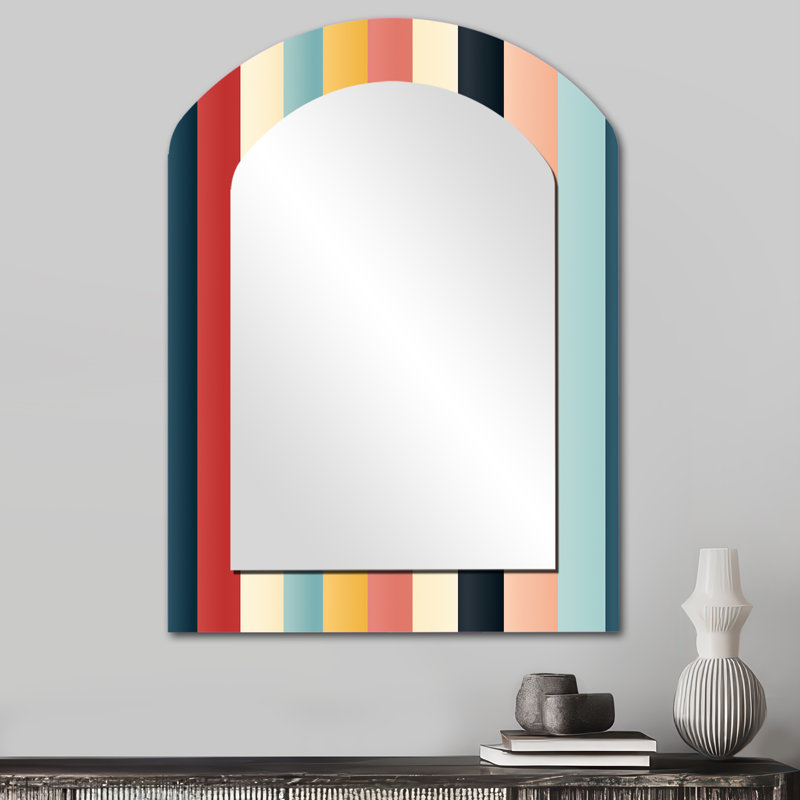 Colorful Nostalgia Striped Pattern - Striped Asymmetrical Large Wall Mirror, Mid-Century Modern Arch Decorative Mirror, Printed Metal Art