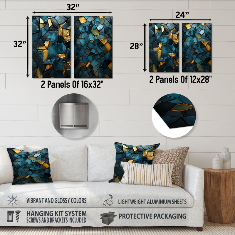 «Blue and Gold Marble Elegance I», ensemble d'art mural abstrait en métal marbré de 3, H 32 po x l 32 po
