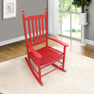 Wooden Porch Rocker Chair, Rose Red Color - Crafted With Solid Hardwood For Durability Perfect Balcony And Cozy Wide Seat Armrest Strong Slatted Back Rest Easy Assembly Kit Hardware Bears A Weight Of
