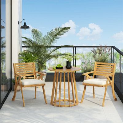 Outdoor 3-Pieces Acacia Wood Dining Set With Cream Cushions