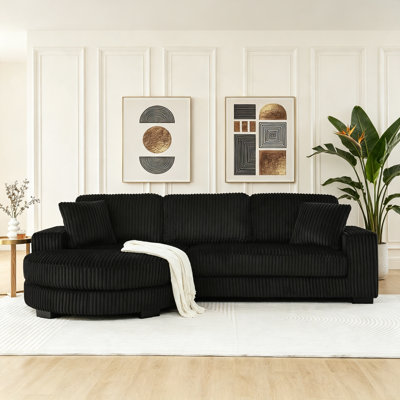 Corduroy Tufted Upholstered Sleeper Sectional Sofa, L-Shaped Modular Convertible Sofa , The arc-shaped footstool can be placed freely on the left and rigAJ-Black