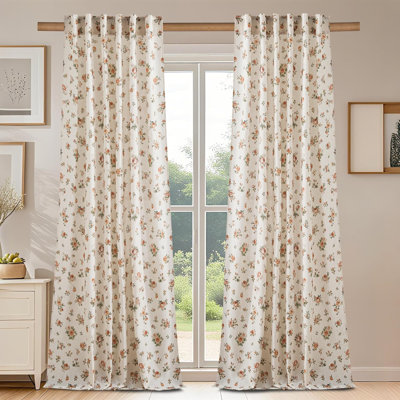  Rose Floral Linen Curtains for Living Room, Light Filtering Farmhouse Drapes Country Vintage Back Tab Window Panels for Bedroom, 2 Panels