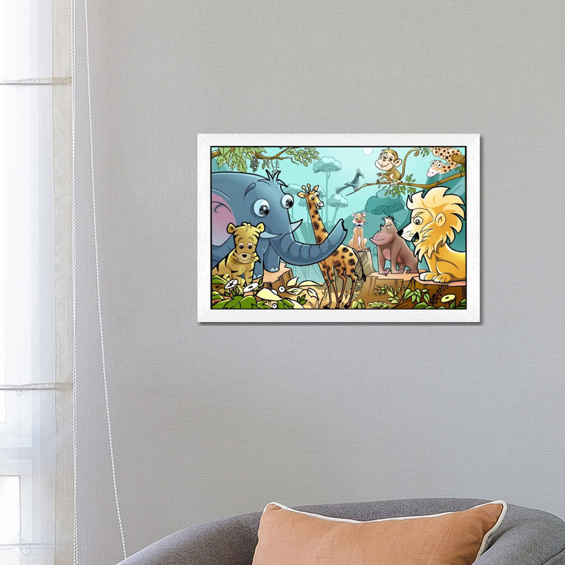 Jungle Cartoon Animals - Print on Canvas, 66.04 cm H x 45.72 cm W, White Framed
