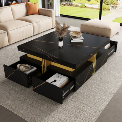 Table basse moderne carrée avec rangement à 4 tiroirs (table basse incluse, sans chaises)