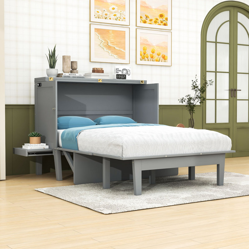 Lit escamotable multifonctionnel avec USB / Power Station et bureaux intégrés, Gris, Double
