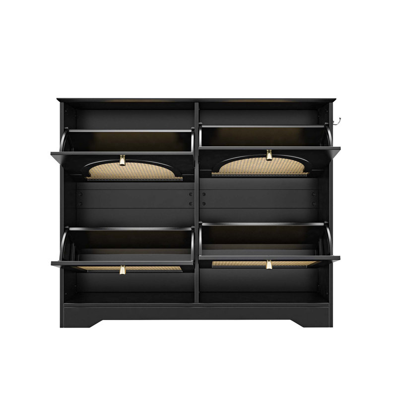 Mid - Century Style Freestanding Shoe Cabinet with Four Flip Drawers, Featuring Hooks for Enhanced Functionality, Black