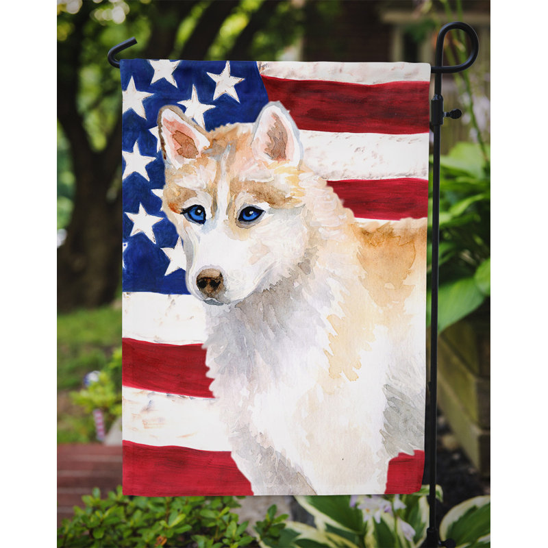 2 côtés en polyester de 2 côtés american drapeau de jardin, Husky de Sibérie noir