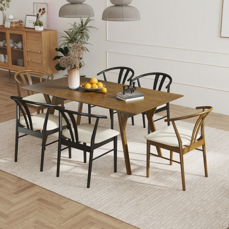 Ensemble de salle à manger 7 pièces, table en bois avec 2 chaises noyer et 4 chaises triangulaires, Noir / brun