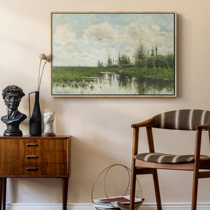 Paysage rétro - XLVI, Vert / beige, 17" H x 25" W x 2'' D, Toile naturelle avec cadre flottant