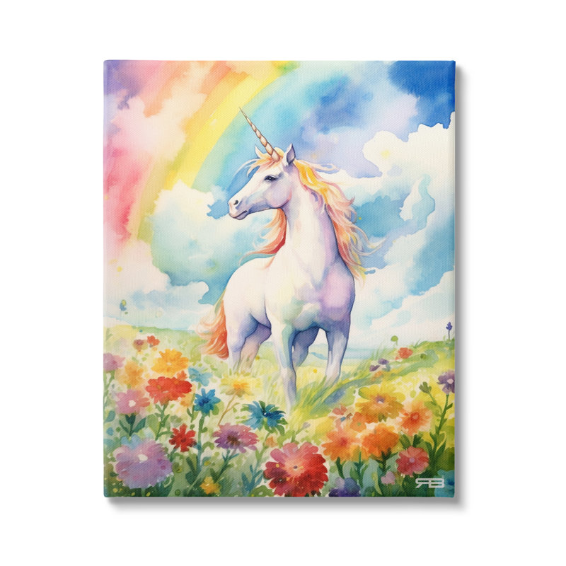 Licorne dans un pré arc-en-ciel sur toile, H 48 po x l 36 po x P 1,5 po