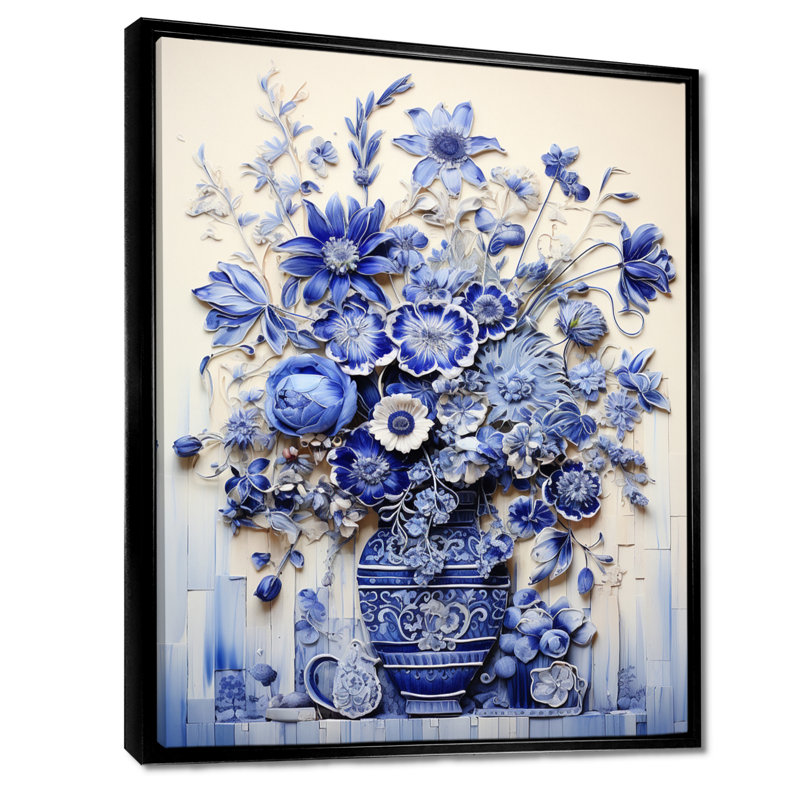 «Blue and White Boho plant Pottery II», impression sur toile Boho Pottery, H 32 po x l 24 po x P 1 po, Cadre flottant noir