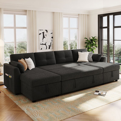 Canapé-lit modulaire en U avec rangement, ports USB et fonction de lit convertible pour les salons modernes.