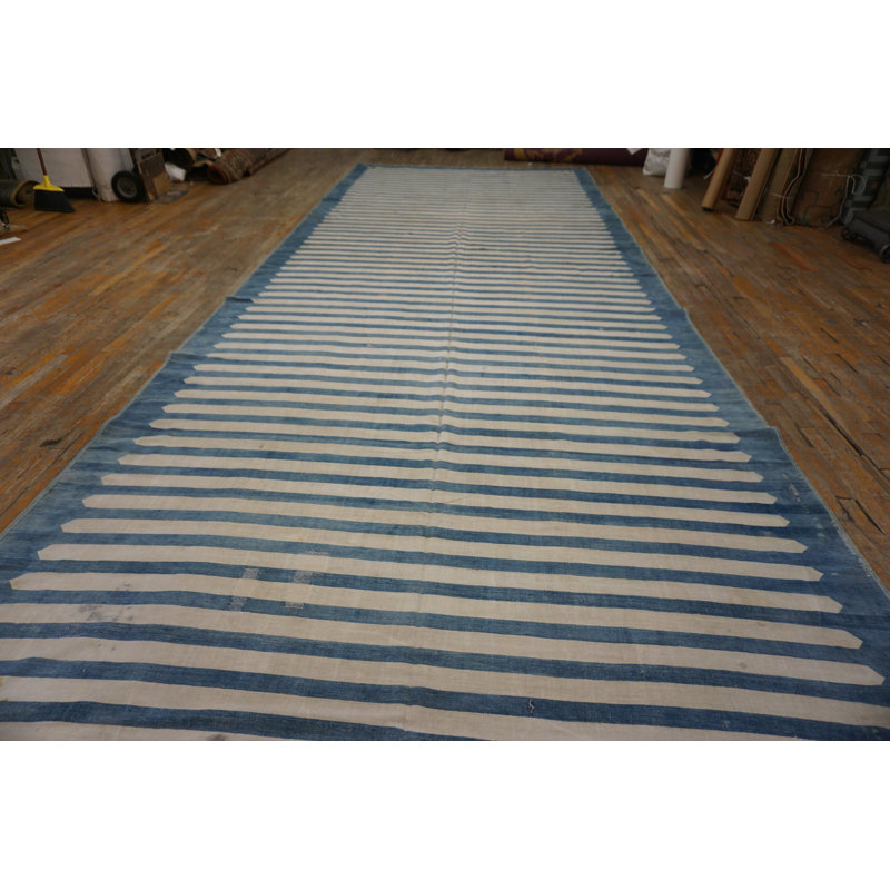 White and Blue Striped Antique Long Oversized Indian Dhurrie Flatweave Rug
