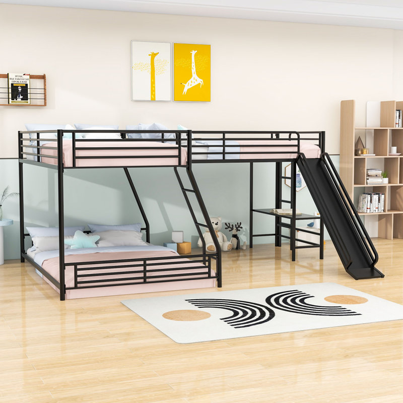 Geiser L-Shaped Metal Triple Bunk Bed, Twin Over Full Bunk Bed and Twin Loft Bed with Desk and Slide