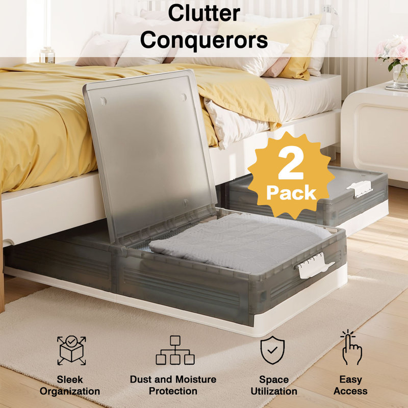 Under Bed Storage Containers with Wheels, Set of 2 Foldable Clear Plastic Storage Bins with Lid, Stackable Rolling Underbed Storage Box for Clothes, Shoes and Blankets