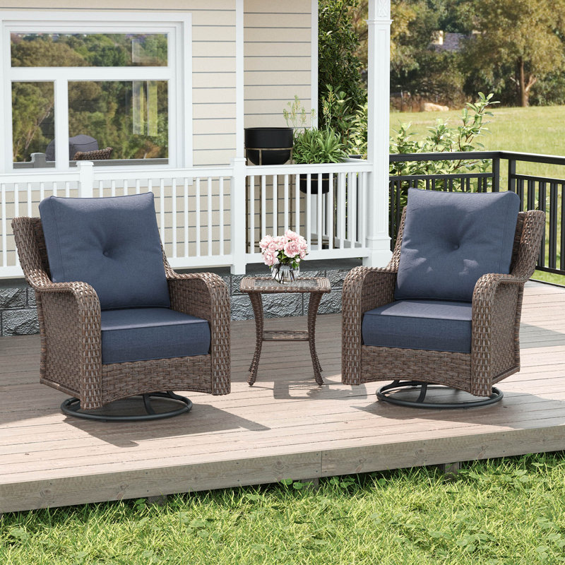  3 Piece Wicker Outdoor Furniture Set with 6-inch Comfy Cushions, High Back Patio Furniture Set with Swivel Rocking Chairs and Side Table