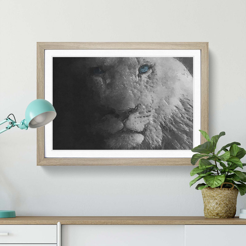 Teal Blue Eyes of a Lion in Abstract - Framed Print, Oak Framed, 62cm H x 87cm W x 2cm D