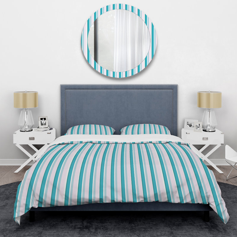 Turquoise Striped Pattern Polyester Striped Duvet Cover, Twin Duvet Cover + 1 Standard Sham