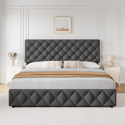 Structure de lit plateforme avec tête de lit réglable et 4 tiroirs, structure de lit rembourrée moderne avec pied de lit, support de lattes en bois, aucun sommier nécessaire, rangement spacieux et conception durable