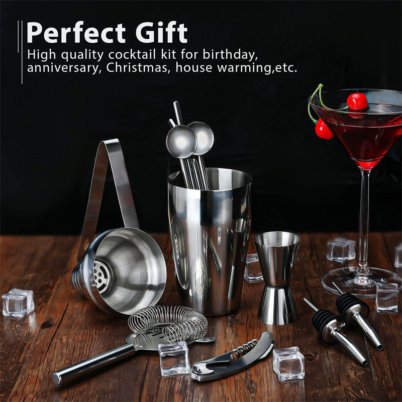 Cocktail Shaker Set Bartender Kit, 15Pcs Bartender Shaker Set, 304 Stainless Steel Martini Shaker And Strainer, 550Ml /19OZ Bar Tool Set With Bamboo Stand, Recipe Book, For Home And Bar