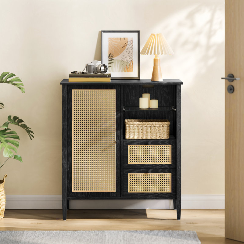 Buffet Leclair, buffet en rotin synthétique, armoire de rangement avec tablettes réglables, null