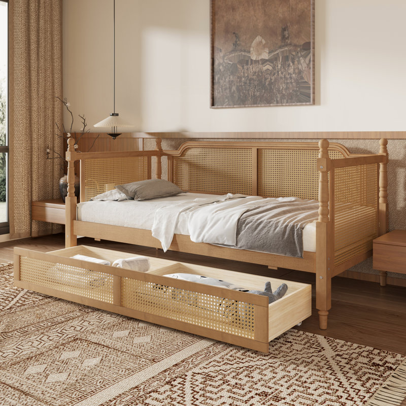Traditional Style Rattan Full Size Daybed with 2 Drawers for Limited Space, Guest Room, No Box Spring Needed,Antique Walnut