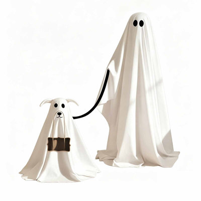 Halloween Decorations 2 Pack Standing Halloween Ghost Fabric Ghost Dog Ghost with Sign Spooky White Cloth Ghost Yard Indoor Floor Decor for Mantel