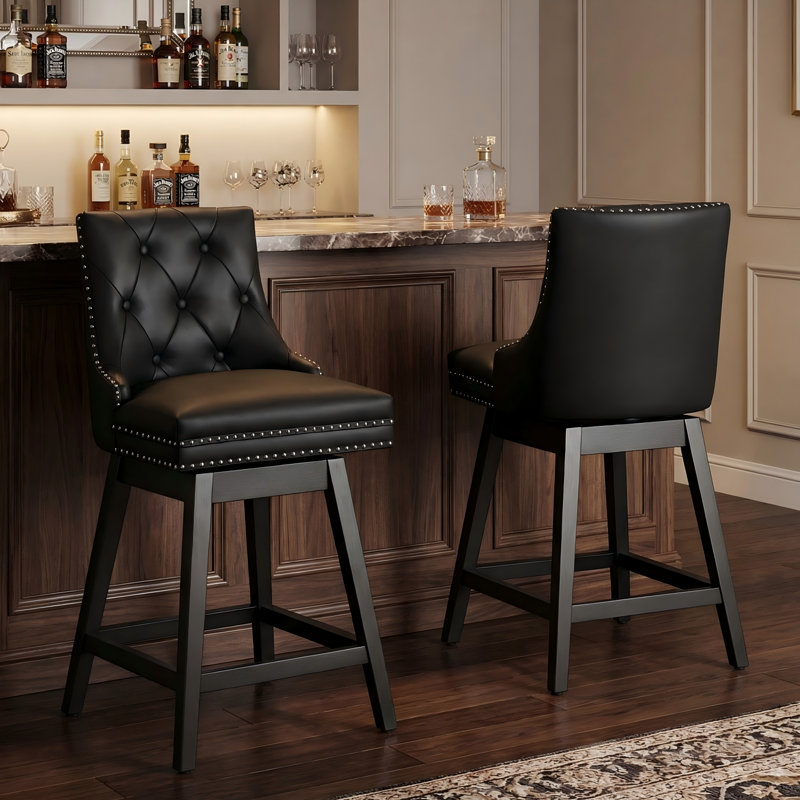 Tabouret de bar rembourré et pivotant avec garniture cloutée et structure en bois massif (ensemble de 2), Noir