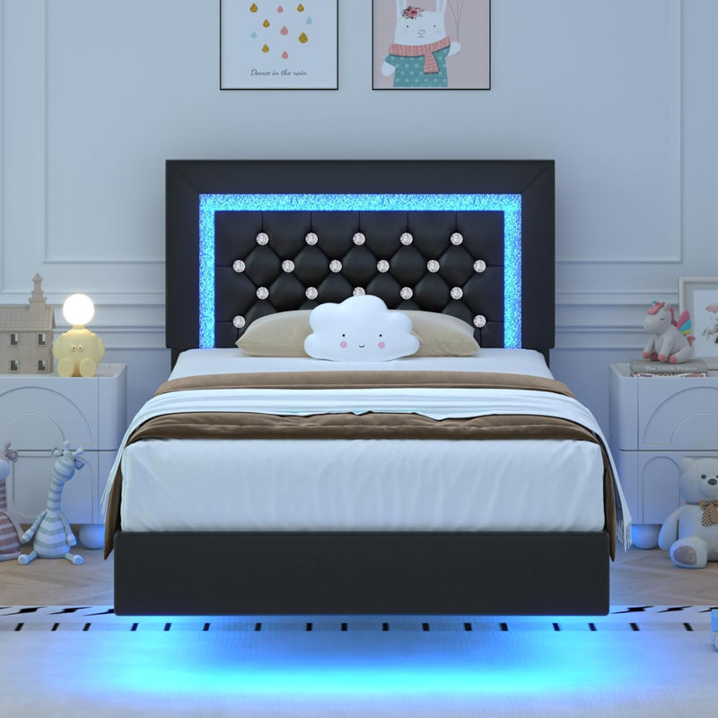 Cadre de lit flottant Alber avec lumières DEL, lit plateforme tapissier avec tête de lit capitonnée à motif de losanges, aucun sommier tapissier requis, silencieux, assemblage facile