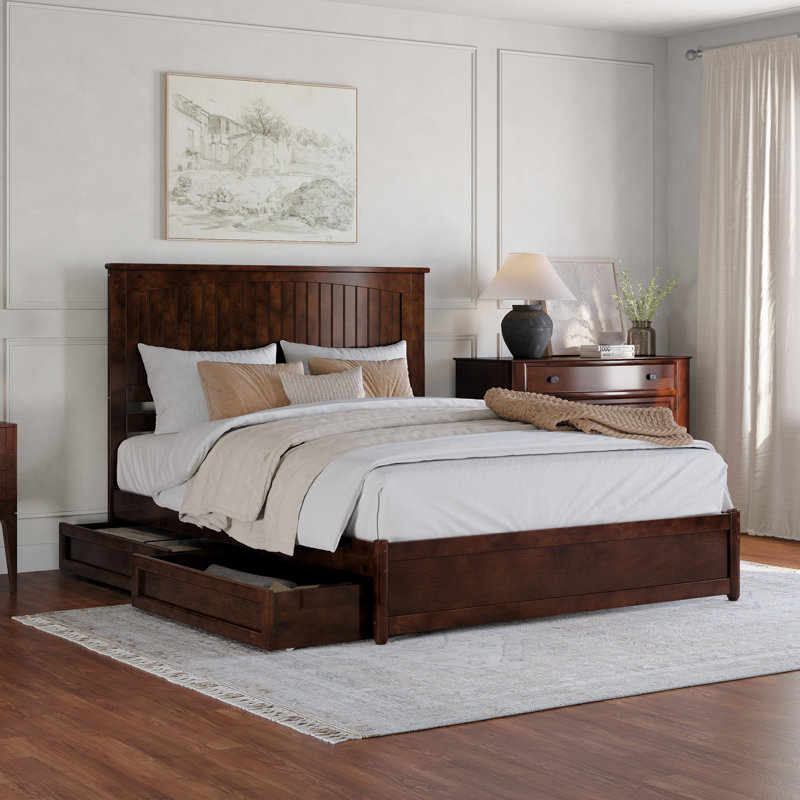 Lamaiyah Solid Wood Platform Bed with Footboard and Storage Drawers, Queen, Walnut