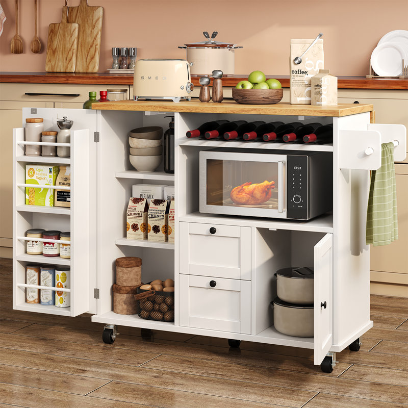 Rolling Kitchen Island With Storage Cabinet, 41.3'' Width Kitchen Cart With Desktop Drop Leaf Countertop, Portable Mobile Island With Towel Rack, Spice Rack Shelf, White